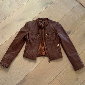 Women's Brown 100% Leather Zip Moto Jacket